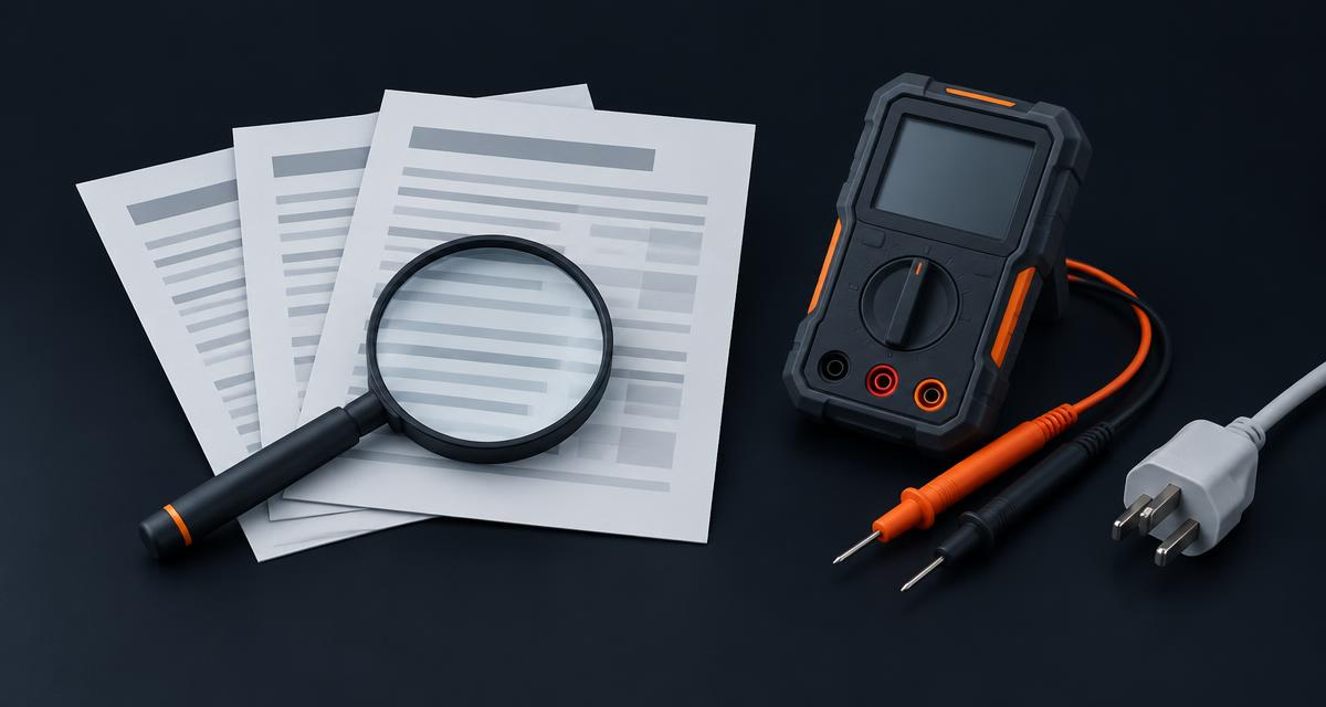 Illustration of technical reports, a magnifying glass and electrical testing equipment