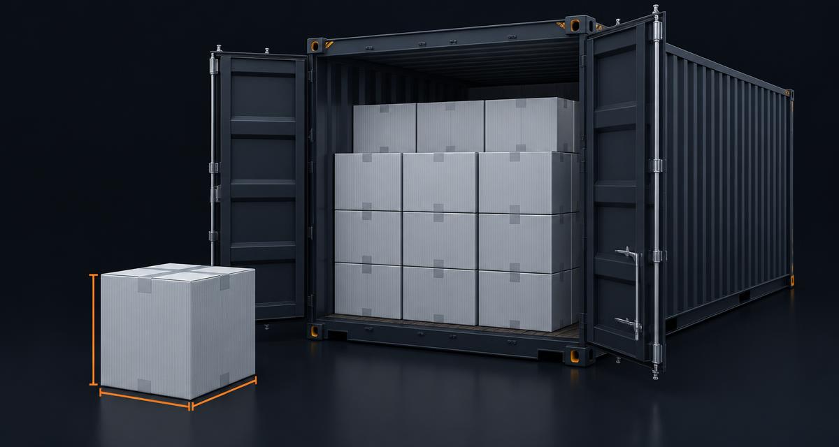Illustration of packed shipping cartons and carton dimensions beside an open container