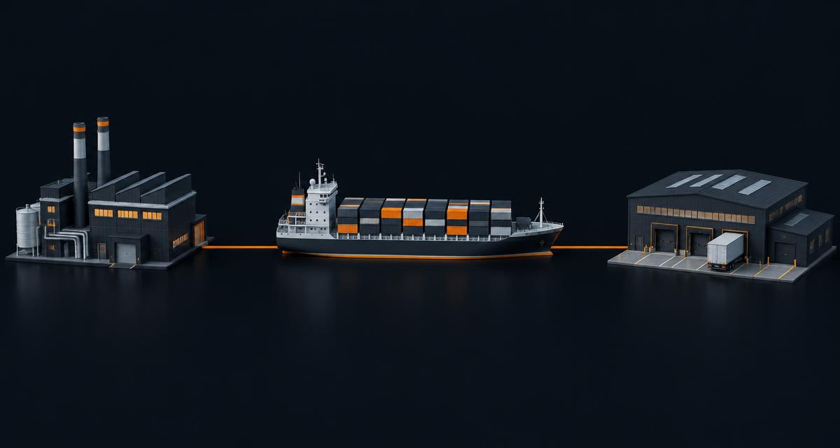 Illustration of a shipping journey from factory through cargo vessel to destination warehouse