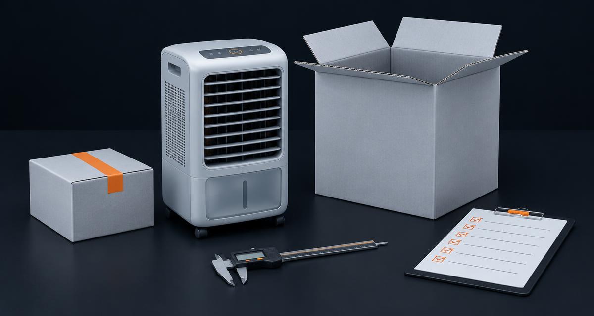 Illustration of an air cooler, reference sample, measuring caliper and inspection checklist