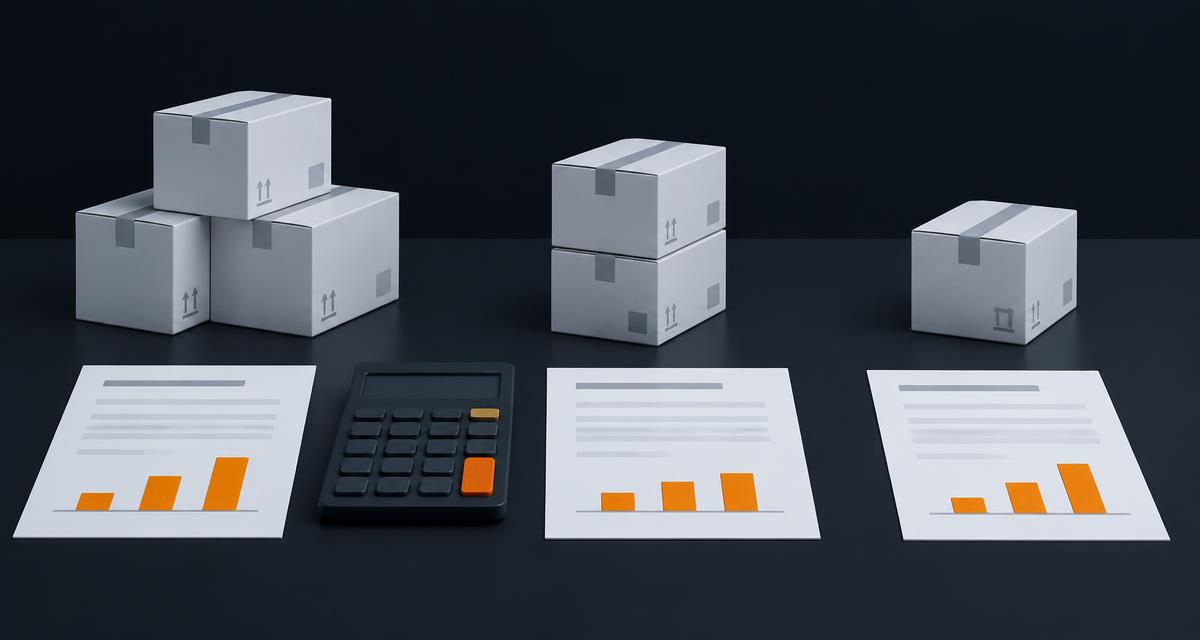 Illustration of shipping cartons, a calculator and three quotation comparisons